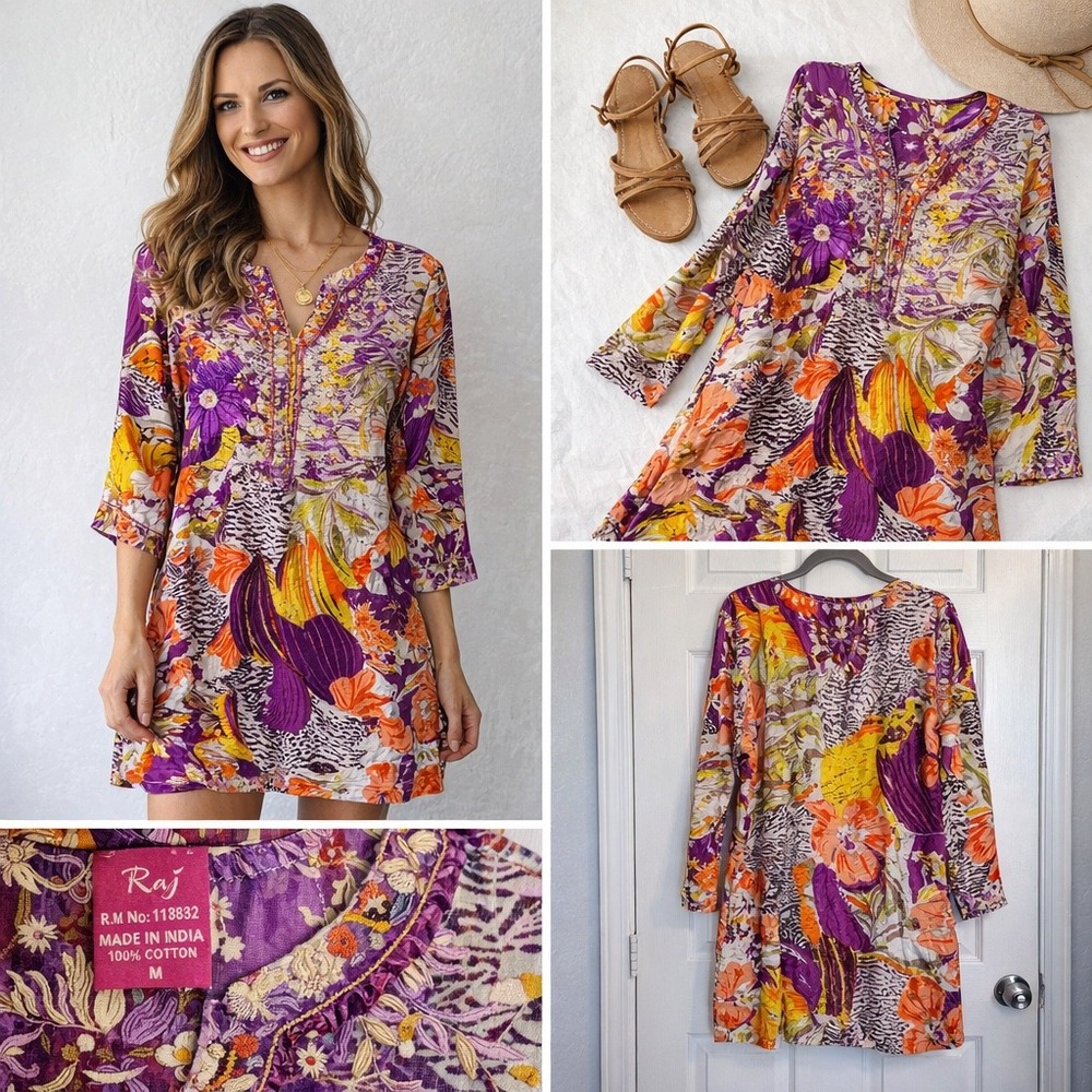 Raj 100% Cotton Eyelet Floral Embroidered Boho Chic Artsy Tunic Coverup Medium